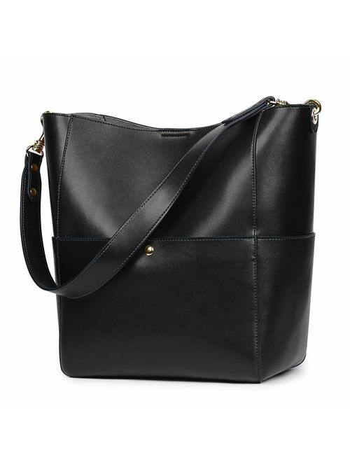 S-ZONE Women Vintage Genuine Leather Bucket Tote Shoulder Bag Hobo Handbag Purse