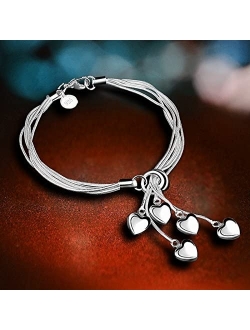 925 Sterling Silver Five-Line Chain with Five-Heart Bracelet Bangle