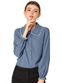 Women's Fall Peter Pan Collar Sweet Blouse Long Sleeves Button Up Ruffled Shirt