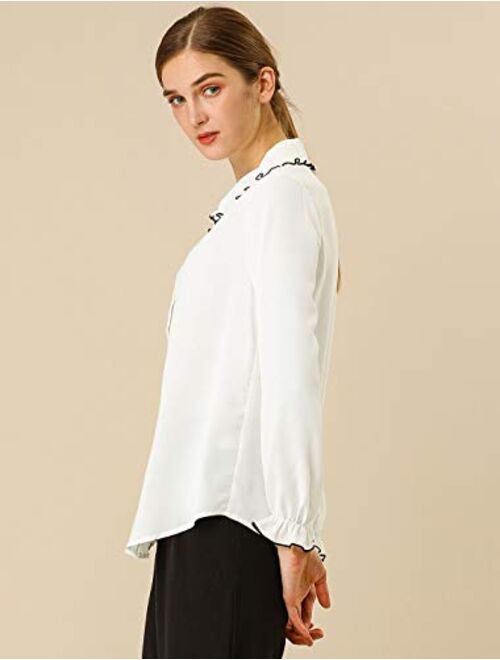 Allegra K Women's Fall Peter Pan Collar Sweet Blouse Long Sleeves Button Up Ruffled Shirt