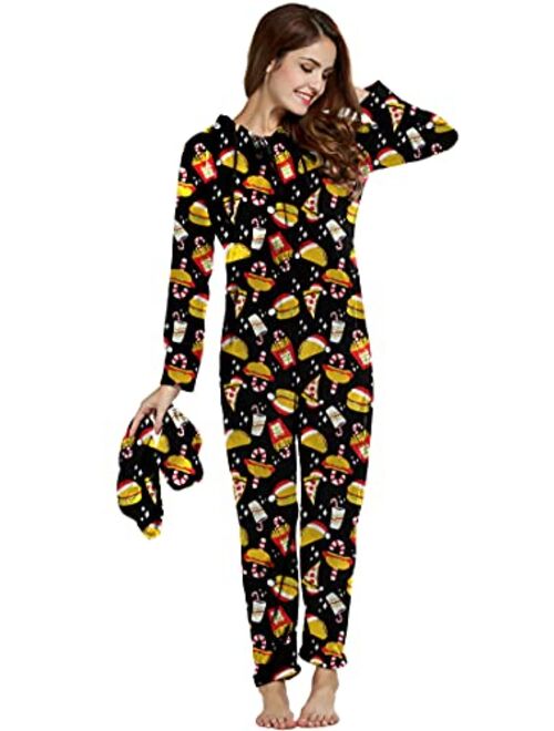 Hotouch Women's One Piece Pajamas Coral Fleece Onesie Hooded Footed Jumpsuit Pajamas S-XL