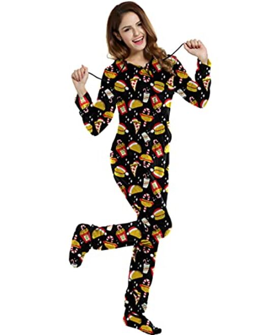 Hotouch Women's One Piece Pajamas Coral Fleece Onesie Hooded Footed Jumpsuit Pajamas S-XL