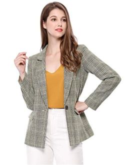 Women's Plaid Notched Lapel One Button Houndstooth Blazer Jacket