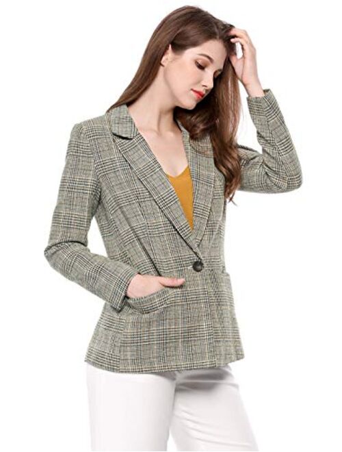 Allegra K Women's Plaid Notched Lapel One Button Houndstooth Blazer Jacket