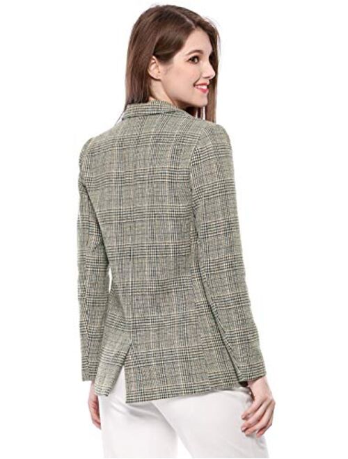 Allegra K Women's Plaid Notched Lapel One Button Houndstooth Blazer Jacket