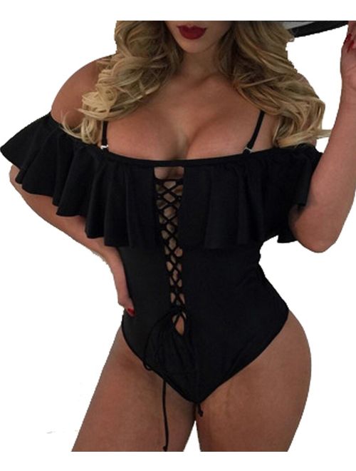 Tempt Me Women's Sexy One Piece Lace Up Ruffled Off Shoulder Flounce Swimsuits