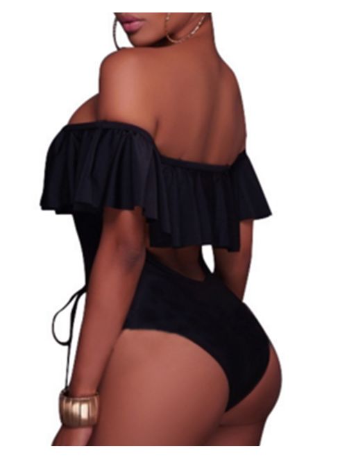 Tempt Me Women's Sexy One Piece Lace Up Ruffled Off Shoulder Flounce Swimsuits