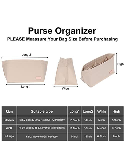 Purse Organizer Insert, Felt Bag organizer with zipper, Handbag & Tote Shaper, For Speedy Neverfull Tote, 5 Sizes