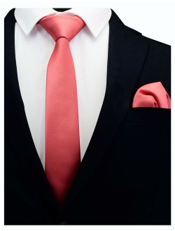 GUSLESON 2.4" Slim Necktie and Handkerchief Set For Men Solid Skinny Tie Brooch Set