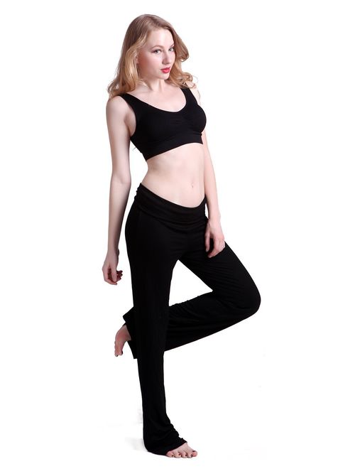 HDE Women's Color Block Fold Over Waist Yoga Pants Flare Leg Workout Leggings
