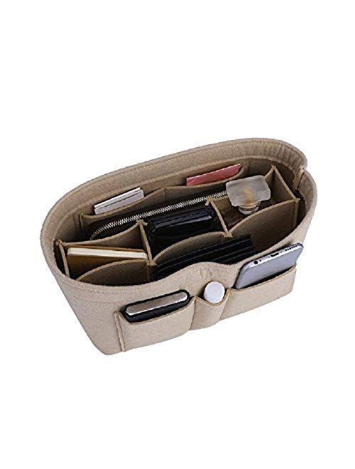 multiple pockets and pen pocket Purse organizer; grey felt with red wired  handle