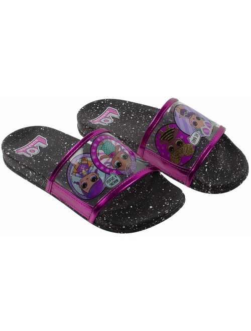 L.O.L Surprise! Girl's Sandal, Mix Match Baby Cat Merbaby Super BB Crystal Queen Cosmic Queen and Queen Bee Slide Sandal, Black Pink, Girls Size 10 to 1, Ages 4 to 10