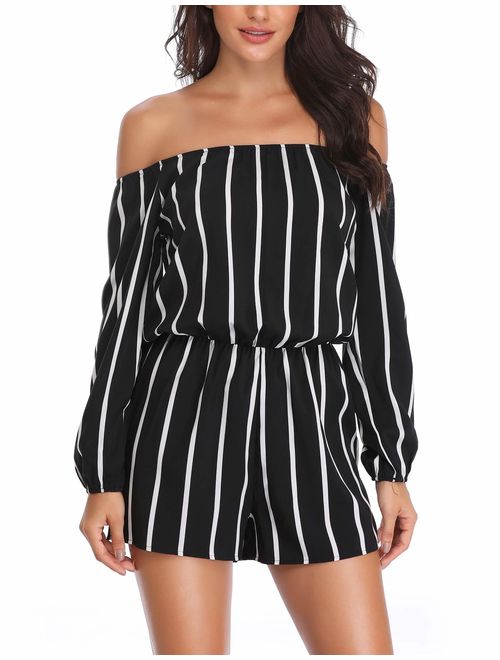 MISS MOLY Women 's Off Shoulder Rompers Strapless Boat Neck 3/4 Sleeve Casual Striped Jumpsuits with Belt