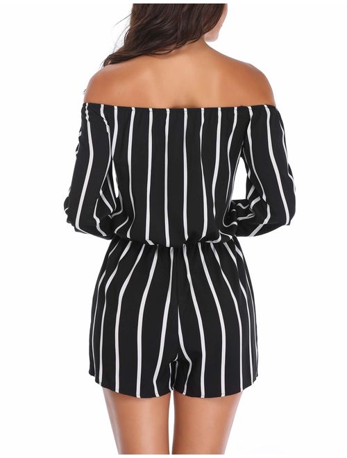MISS MOLY Women 's Off Shoulder Rompers Strapless Boat Neck 3/4 Sleeve Casual Striped Jumpsuits with Belt