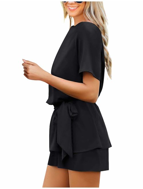 xiaohuoban Women Casual Short Sleeve Belted Keyhole Overlay Back Jumpsuits Romper