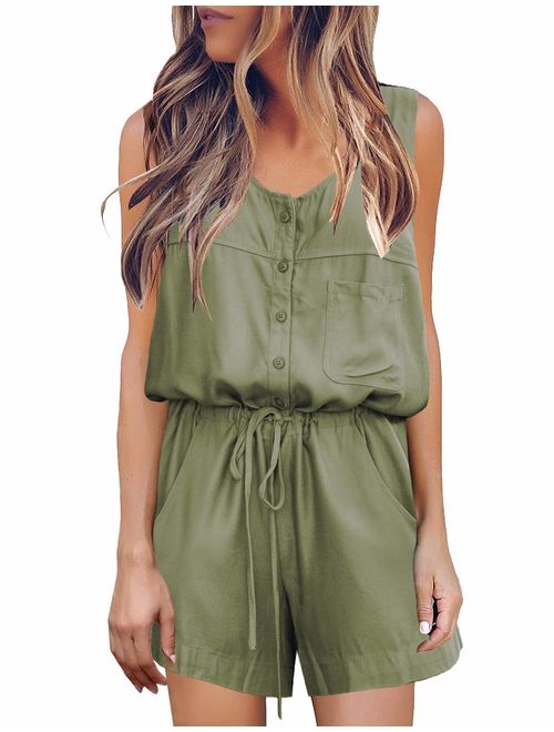 xiaohuoban Women Casual Short Sleeve Belted Keyhole Overlay Back Jumpsuits Romper