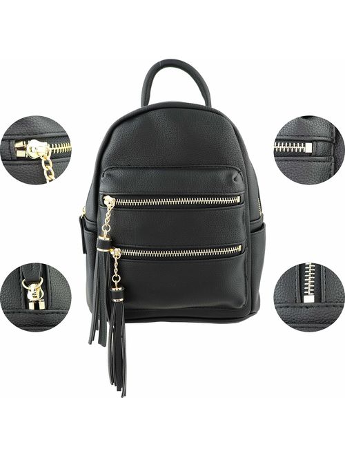 B BRENTANO Vegan Multi-Zipper Top Handle Mini Backpack with Tassel Accents 