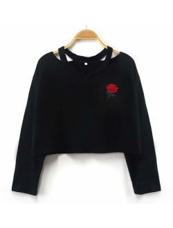 Bestag Embroidery Teen Girls Rose Crop Top Slim Tees Short Sleeve T-Shirt