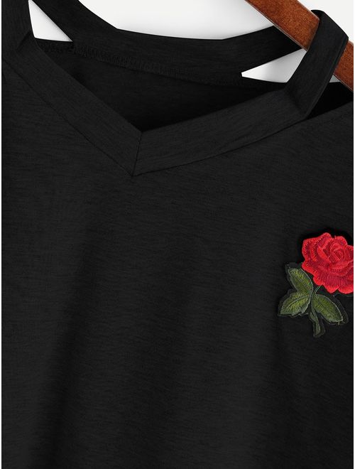 Bestag Embroidery Teen Girls Rose Crop Top Slim Tees Short Sleeve T-Shirt