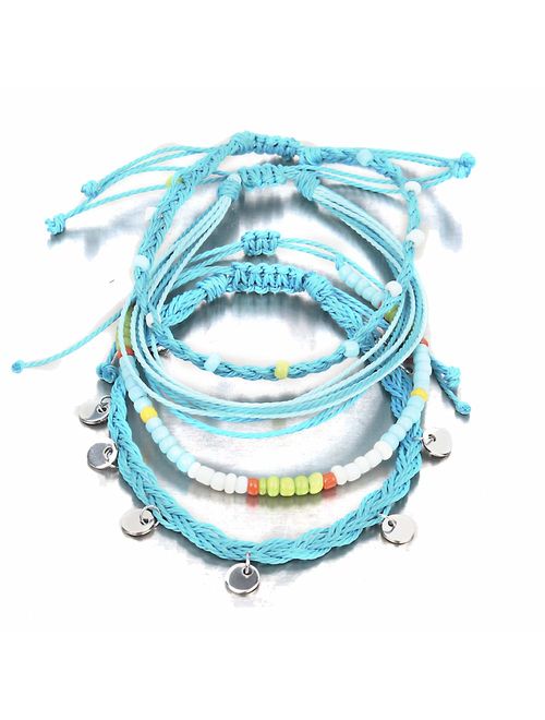 FANCY SHINY Blue Beaded String Anklet Coin Rope Yarn Ankle Bracelets Waterprof Braided Boho Anklets Beach Surfer Foot Jewelry for Women Girls