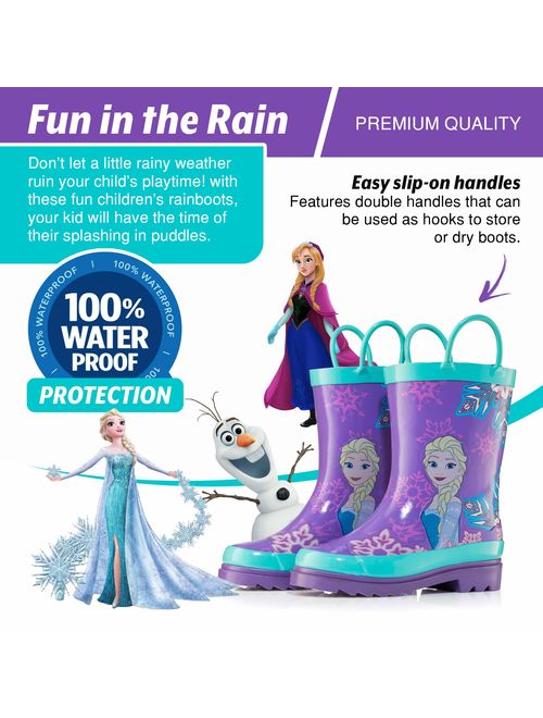 Disney Kids Girls' Frozen Anna and Elsa Character Printed Waterproof Easy-On Rubber Rain Boots (Toddler/Little Kids)