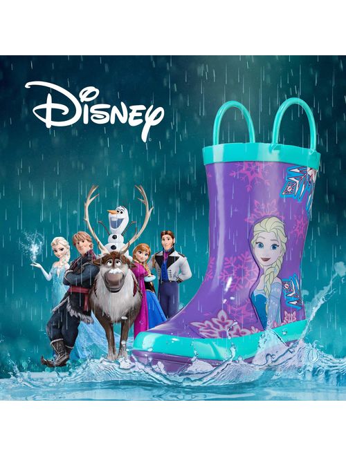 Disney Kids Girls' Frozen Anna and Elsa Character Printed Waterproof Easy-On Rubber Rain Boots (Toddler/Little Kids)