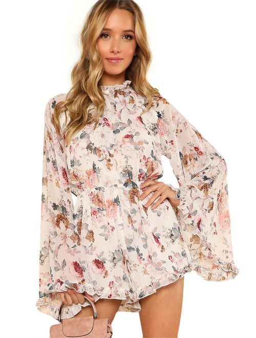 ROMWE Women's Floral Printed Bell Sleeve Loose Fit Jumpsuit Rompers
