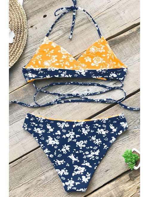 CUPSHE Womens Fresh Leaves Printing Cross Bikini Set