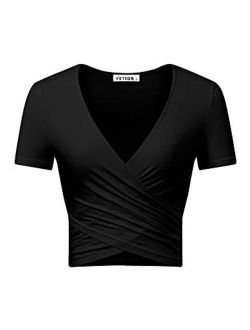VETIOR Women's Deep V Neck Short Sleeve Unique Slim Fit Cross Wrap Shirts Crop Tops