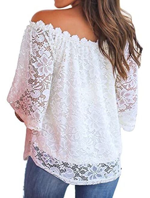 MIHOLL Women's Lace Off Shoulder Tops Casual Loose Blouse Shirts
