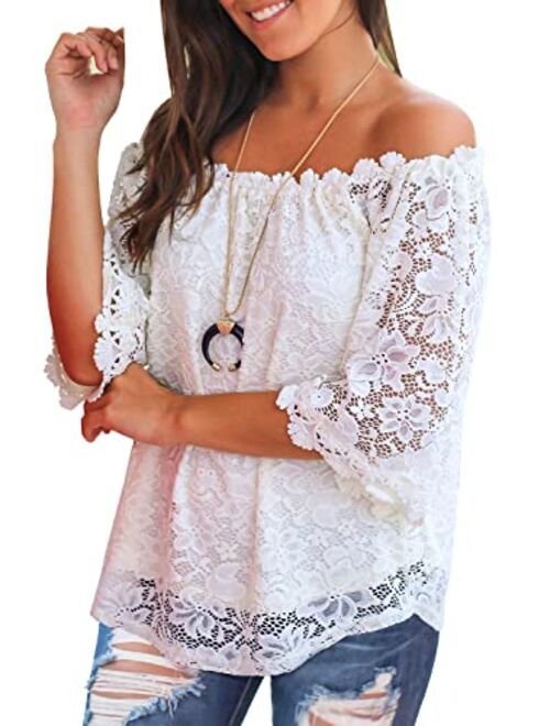 MIHOLL Women's Lace Off Shoulder Tops Casual Loose Blouse Shirts