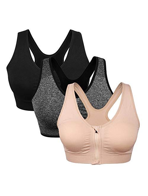 WANAYOU Women's Zip Front Sports Bra Wireless Post-Surgery Bra Active Yoga Sports Bras