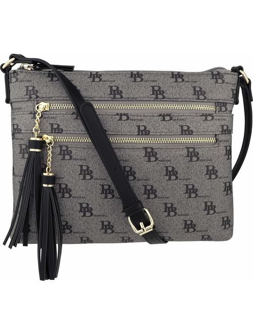 B BRENTANO Vegan Multi-Zipper Crossbody Handbag Purse with Tassel Accents