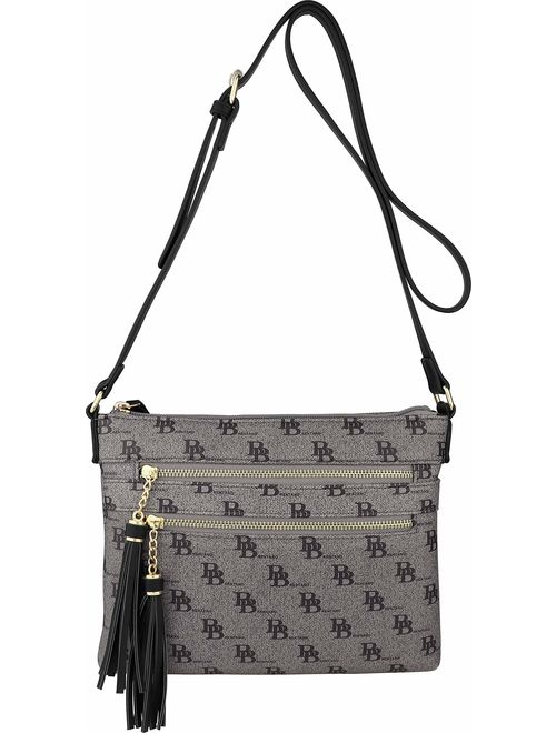 B BRENTANO Vegan Multi-Zipper Crossbody Handbag Purse with Tassel Accents