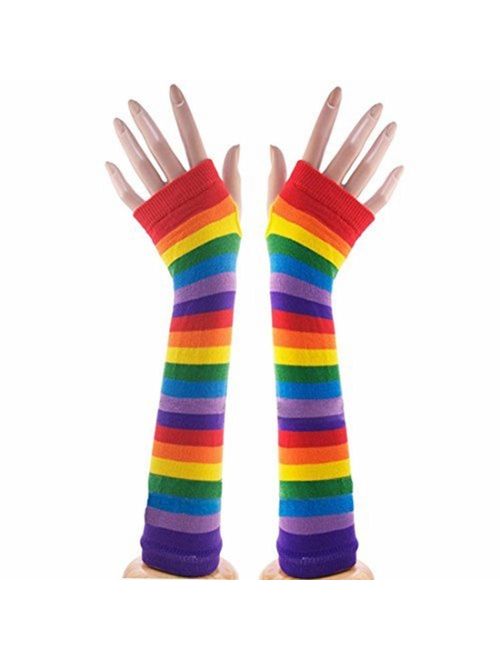 NAVAdeal Colorful Rainbow Stripe Arm Warmer Fingerless Knit Gloves Halloween
