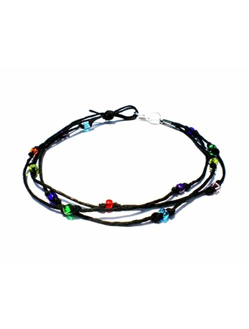 Hempnotic Jewelry Black Hemp Three String Multicolor Glass Beaded Anklet - Handmade