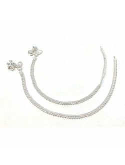 Ethnic Pakistani Indian Silver Tone Chain Payal Bollywood Anklet Pair with Bells