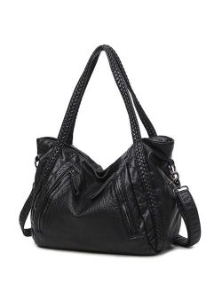 Mn&Sue Black Large Slouchy Soft Leather Women Handbag Braided Shoulder Tote Bag Crossbody Satchel