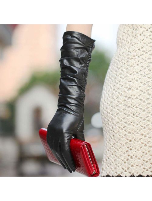 Womens Winter Long Evening Dress Texting Touchscreen Leather Gloves Sleeves Fleece Lined Ruched Elbow Length Costume