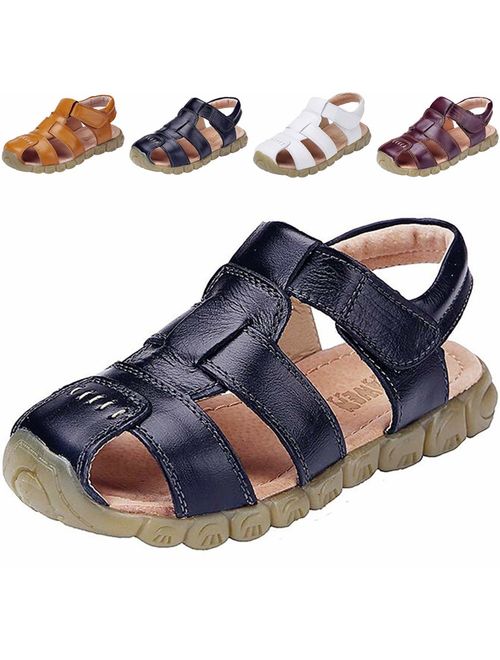 DADAWEN Boy's Girl's Leather Soft Closed Toe Outdoor Beach Summer Sport Sandals Water Shoes Toddler/Little Kid/Big Kid