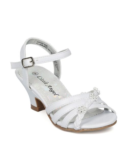Alrisco Girls Open Toe Rhinestone Flower Ankle Strap Kiddie Heel Sandal HC28 - White Leatherette (Size: Little Kid 1)