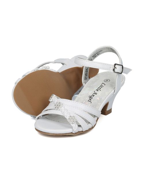Alrisco Girls Open Toe Rhinestone Flower Ankle Strap Kiddie Heel Sandal HC28 - White Leatherette (Size: Little Kid 1)