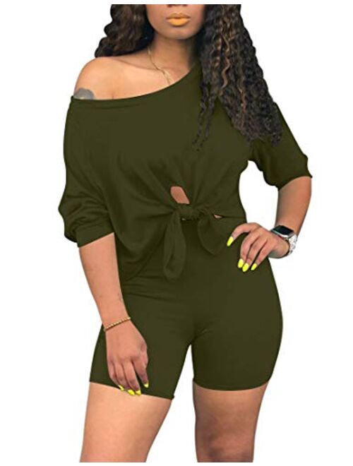 cailami Women's Sexy 2 Piece Club Outfits Tie Up Crop Top Bodycon Shorts Jumpsuit Set
