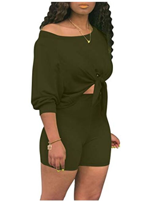 cailami Women's Sexy 2 Piece Club Outfits Tie Up Crop Top Bodycon Shorts Jumpsuit Set