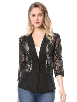 Women's 3/4 Sleeves Notched Lapel One-Button Cardigan Lace Blazer