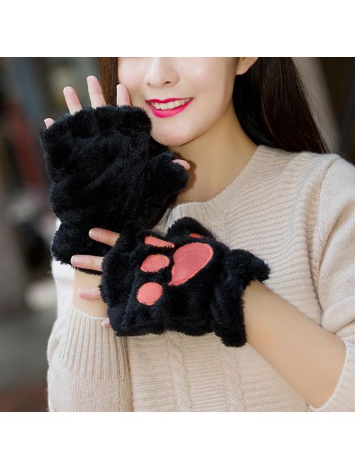 Loritta 2 Pairs Womens Cat Paw Gloves Winter Plush Faux Fur Cute Kitten Fingerless Mittens