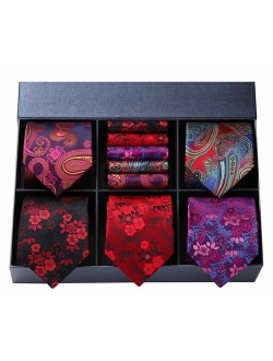 Men's Necktie Collections, Lot 5 PCS Classic Men's Silk Tie Set Necktie & Pocket Square with Gift Box