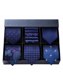 Men's Necktie Collections, Lot 5 PCS Classic Men's Silk Tie Set Necktie & Pocket Square with Gift Box