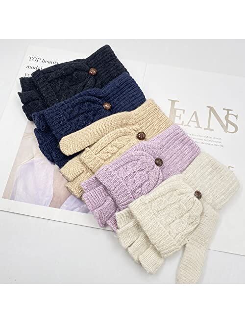 Beurlike Women's Winter Gloves Warm Wool Knitted Convertible Fingerless Mittens