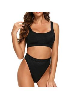 Dixperfect Two Pieces Bikini Sets Swimsuit Sports Style Low Scoop Crop Top High Waisted High Cut Cheeky Bottom